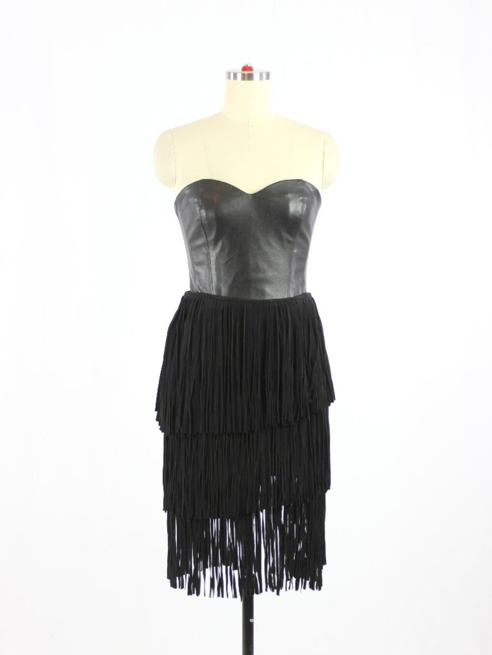 LAMARQUE COLLECTION Frida Black 100% Leather Suede Fringed Pencil Skirt, Size 0